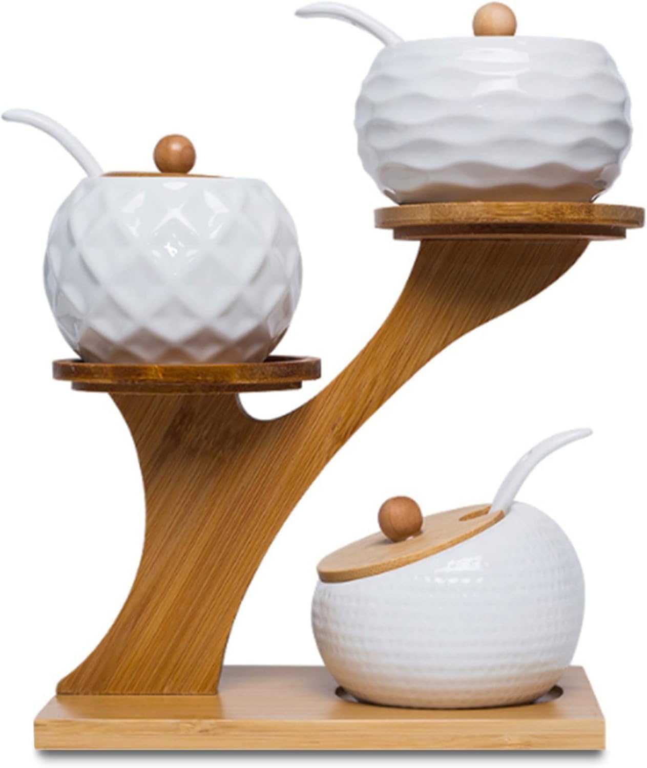 Lot de 3 bocaux à épices en céramique avec couvercle en bambou, cuillère et plateau, 170 ml/6,4 oZ, boîtes à épices pour conserver le sucre, le sel, les épices, le café