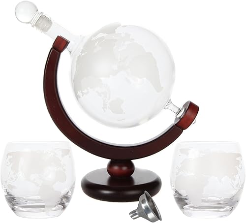 Miniatura 3 de Lily's Home Decantador de whisky World Globe con soporte de madera con acabado oscuro, embudo de barra y 2 vasos a juego (28.7 fl oz)