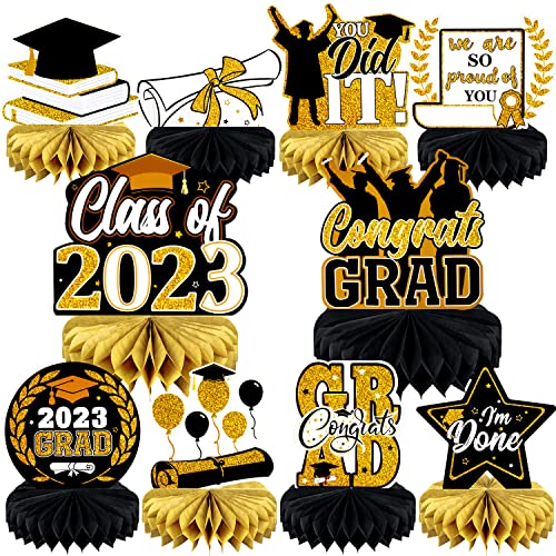 10 Pcs Graduation Centerpieces For Tables 2023, Congrats Grad Themed Honeycomb Centerpieces Table Toppers, Graduation Decorations Class Of 2023 For Graduation Party Favors Supplies (Black And Gold) #TOP27