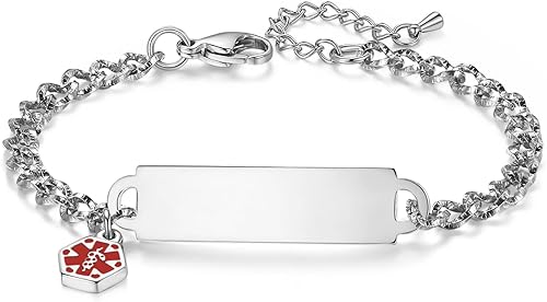 LinnaLove Pulsera de alerta médica simple para mujer, pulseras de identificación de cadena de corte brillante con grabado
