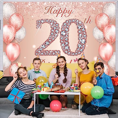 Image of Happy 20th Birthday Rose Gold Banner Cheers to 20 Years Old Backdrop Confetti Balloons Theme Decor for Girls Women 20 Years Old Pink Birthday Party Decorations Bday Supplies Background Gift Glitter