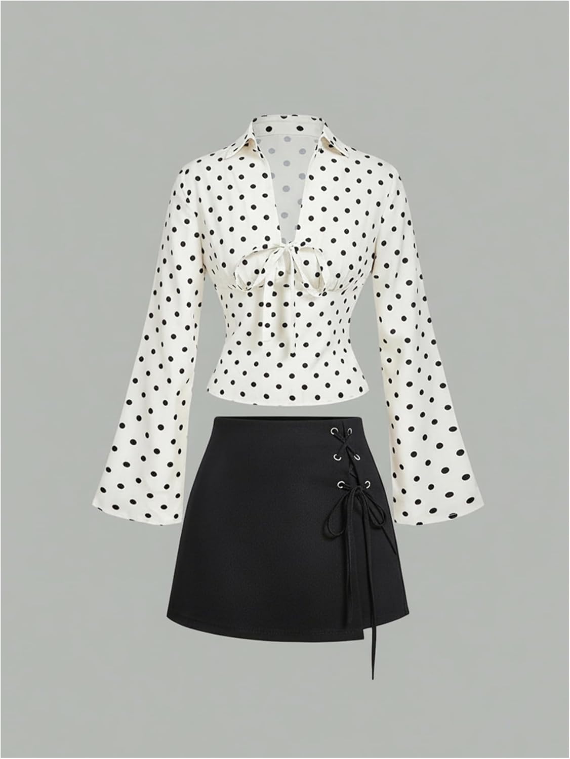 MakeMeChic Women's Business Polka Dots V Neck Blouse Tie Front Bell Sleeve Fitted Tops - Image 5