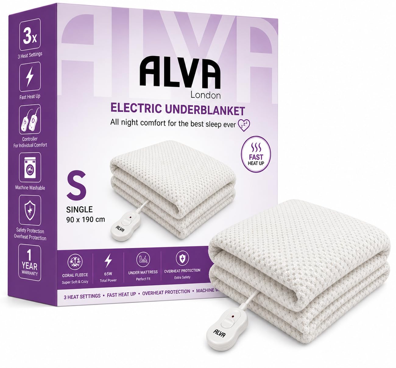 STINGRAY Electric Underblanket Single 90x190cm – Heated Under Mattress Blanket – 3 Heat Settings – Fast Heat Up – Overheat Protection – Machine Washable – 65W Coral Fleece