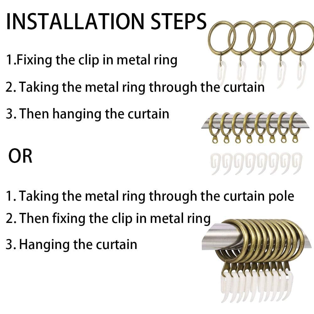 TSKDKIT 24 stuks metalen gordijnringen met clips, 30 mm gordijnringen met haak, roestvrije messing ringen met clips, raamhangende ringen voor gordijnen