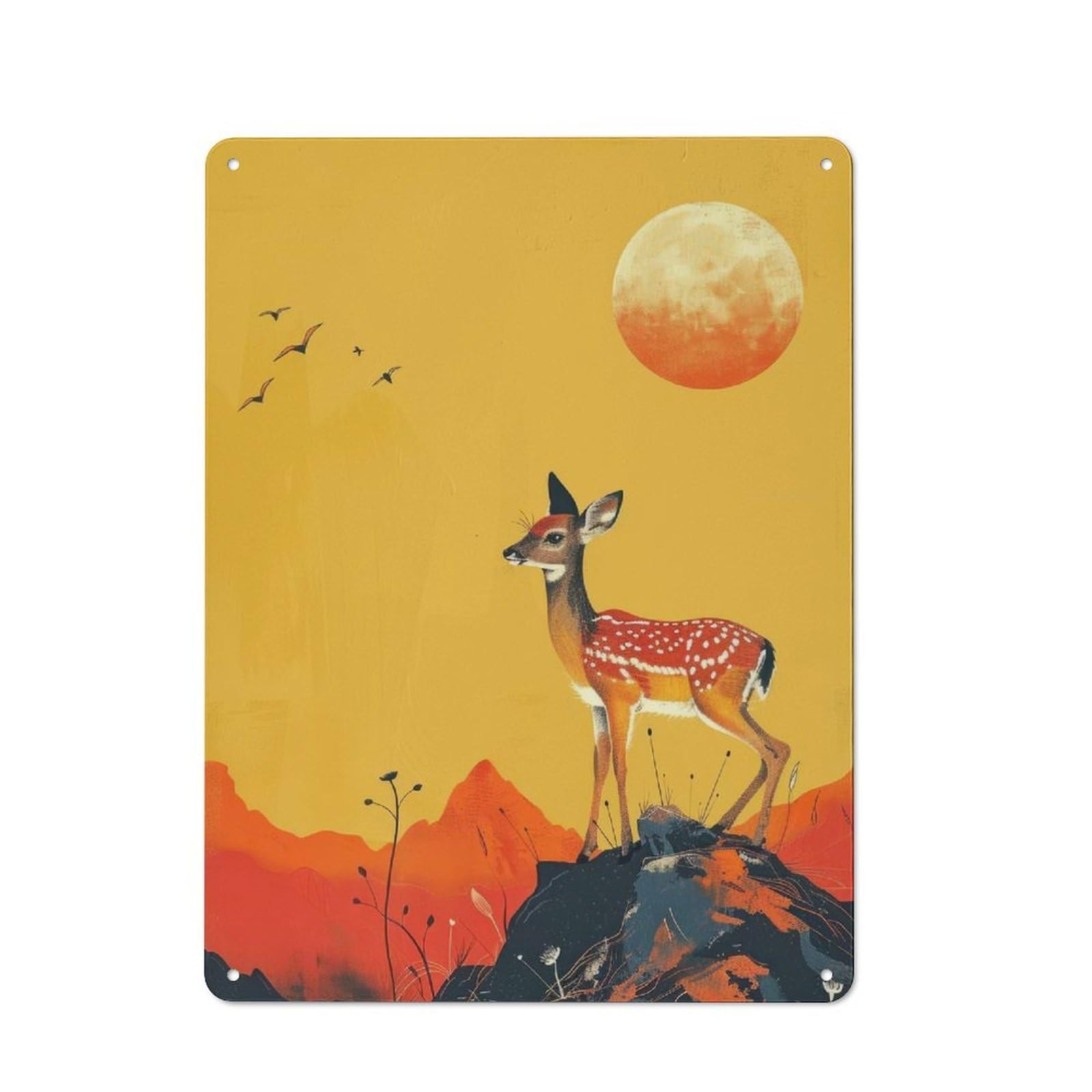 Junmoney Deer Under A Large Moon Rustic Metal Plaque 40X30cm For Lounge Or Reading Corner, For Home Office, Studio And Craft Room Walls