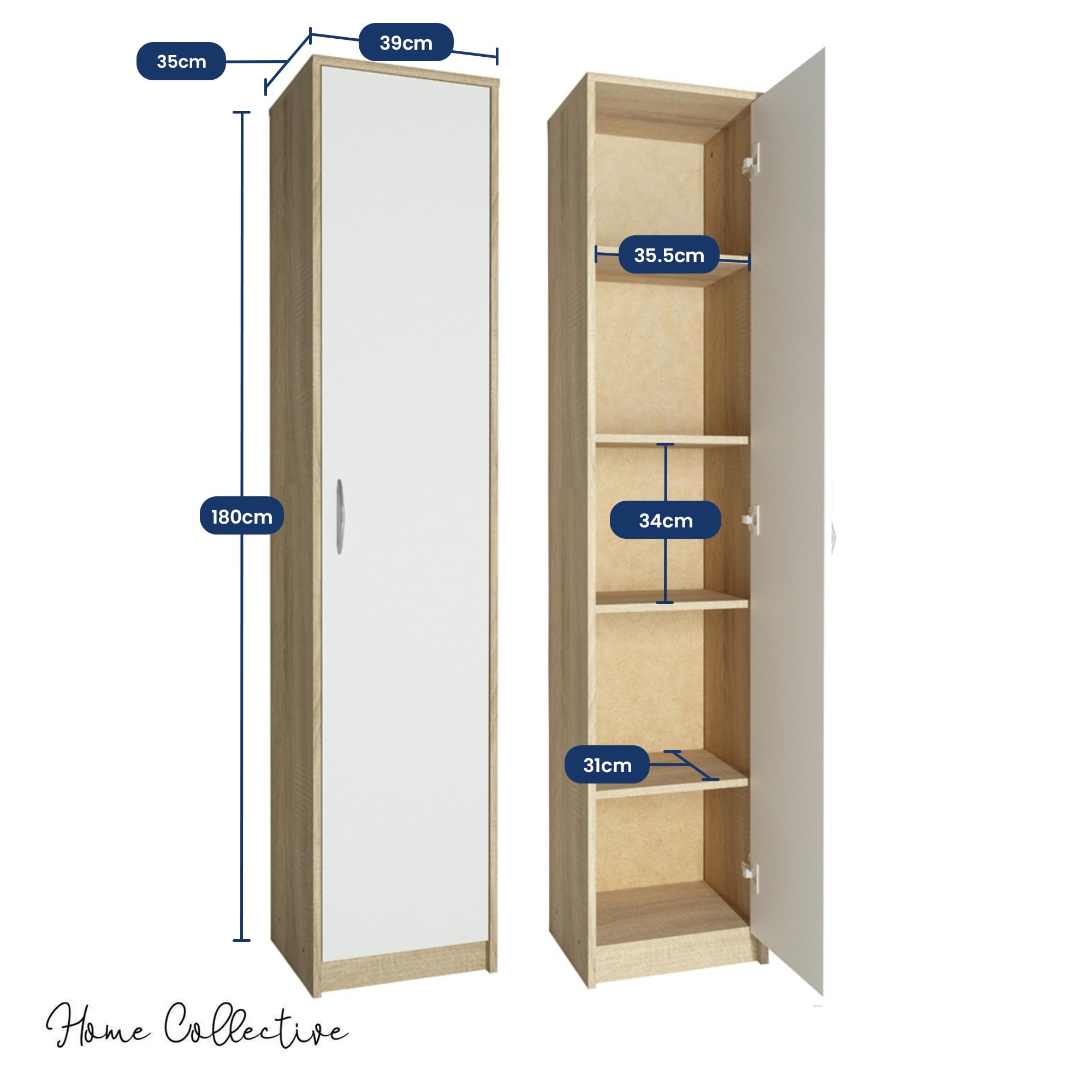 Home Collective Armoire de Rangement 5 Niveaux Finition Aspect Bois - Meuble classeur avec Porte, poignées polymère, 39 cm Largeur, Style Sonoma Blanc - Chambre, Couloir, Bureau