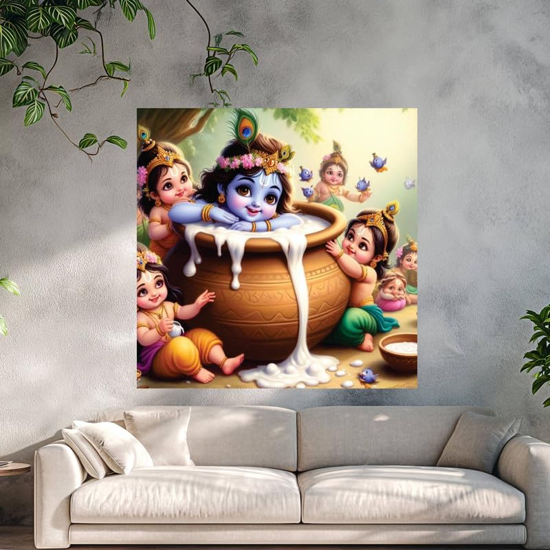 Image of British Terminal Cute little Bal Gopal Baby God Krishna| Kanha Ji | Laddu Lord Makhan Chor Painting Religious Poster for Pregnant Women for wall (matt thin vinyl,sticker,multicolor,unframed)| bj7