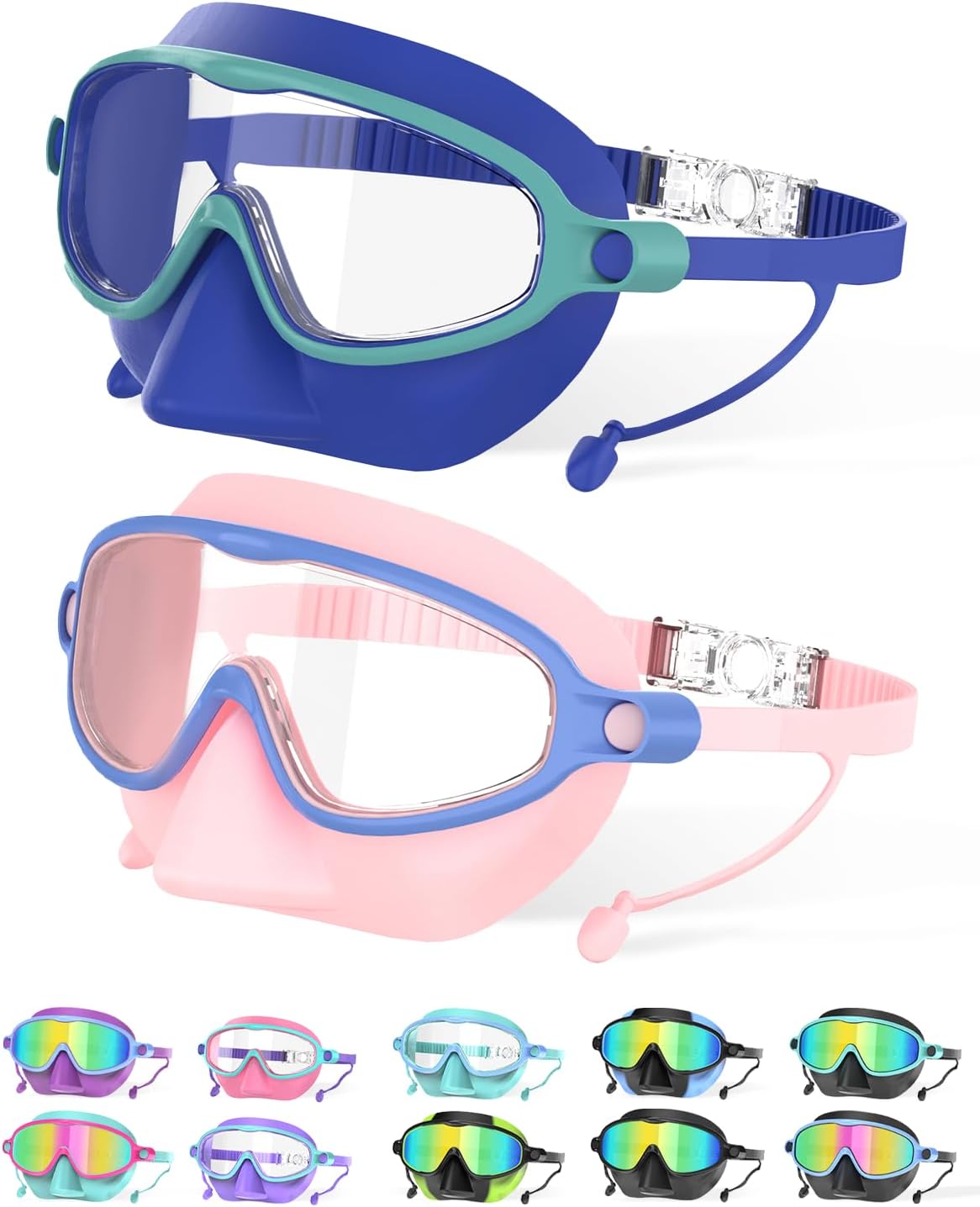 Kids Swim Goggles with Nose Cover for 3-12, 2 Pack Anti Fog/UV Swimming Goggles Mask for Boys Girls Toddler