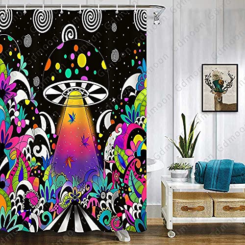 Gdmoon Psychedelic Mushroom Shower Curtain Funny Spaceship Ufo Bright Color Trippy Hemp Leaf Weed Circle Pattern Stars Fantasy Galaxy Colorful Art Bathroom Curtain Set With 12 Hooks 60X72In Ylwhgd1815 #TOP9