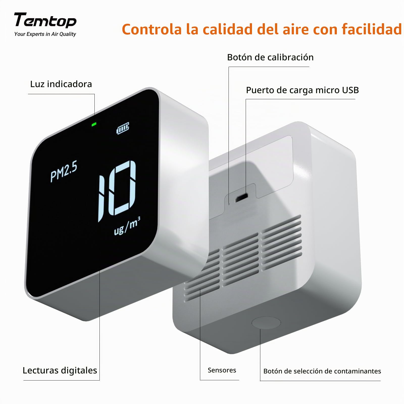 Temtop Monitor de Calidad del Aire Interior WIFI, Control de Calidad de Ambiente de su Hogar, Detector Prueba Precisa de PM2.5, HCHO, TVOC, AQI, Medidor de Calidad del Aire Portátil M10i