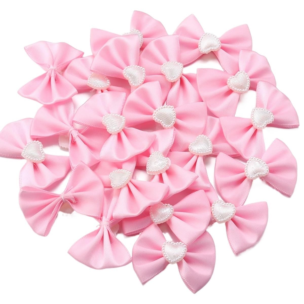 LATEAU Ribbon Bows 20pcs/lot Polyester Satin Ribbon Bows With Heart Pearl Bowknots For DIY Clothing Decoration Accessories(Pink)