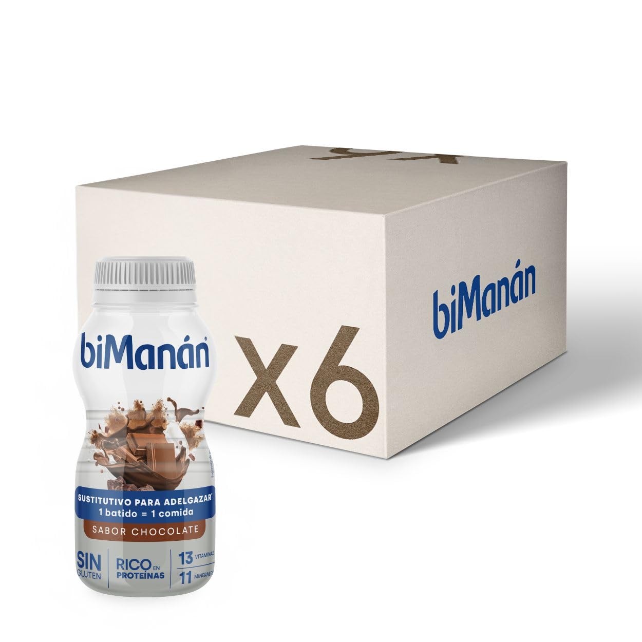 BiManán Batido Sustitutivo de Comidas Chocolate Sin Gluten Proteína Vitaminas Minerales Pack 6 Unidades