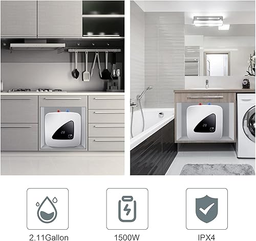 Miniatura 2 de Calentador de agua eléctrico  110 voltios, 1500 W, 2.11 galones, caliente instantáneo para grifo de lavado de cocina (IPX4 temperatura máxima 149 ),