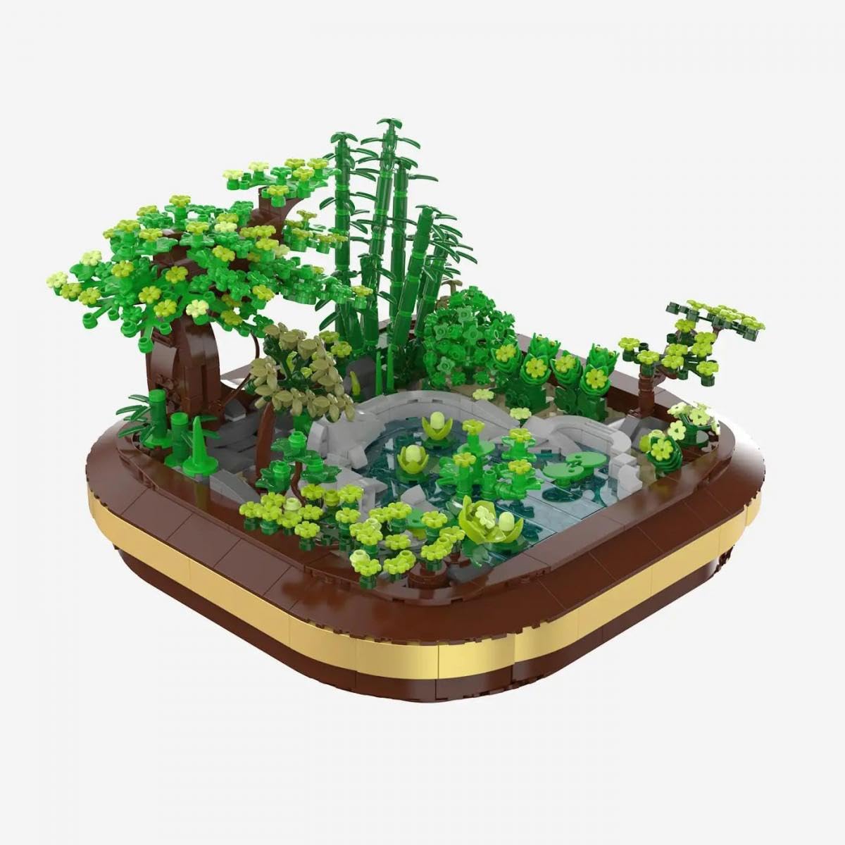 BlueBrixx Kasansui Zen Garten 1477 klocki zaciskowe, model wyświetlacza | Staw z liliami wodnymi, drzewem i bambusem, mostem i kamienną ścieżką, 286 x 282 x 178 mm, od 14 lat, 109192
