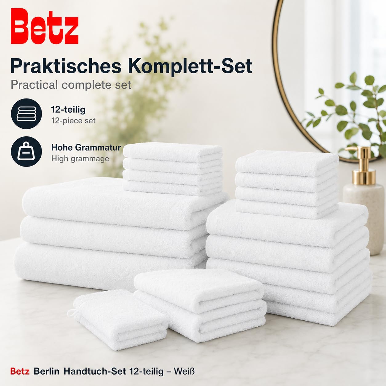 Betz Berlin Handtuch-Set 12-teilig 100% Baumwolle Oeko-TEX Zertifiziert extra saugfähig weich hohe Grammatur Weiß