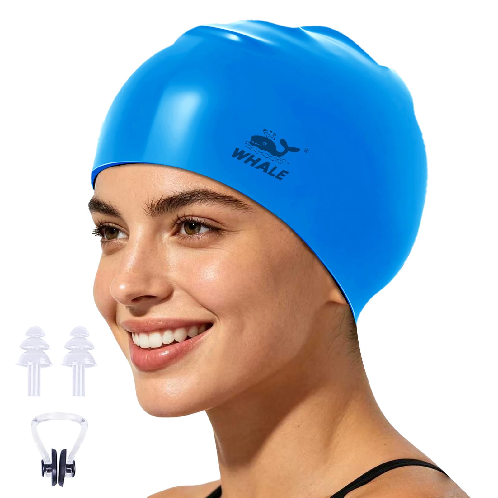 Whale Silicone Swim Cap - Waterproof, Non-Slip, High Elasticity - Keeps Hair Dry, Perfect for Men and Women,Large Swimming Cap (Blue)