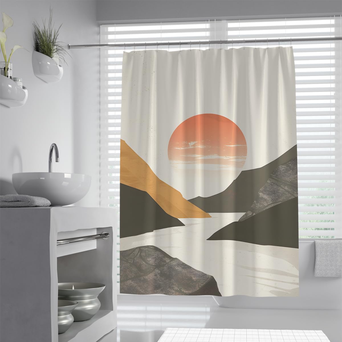 UIRINGART Natural Scenery Bathroom Curtains W180xL180cm Abstract Geometric Mountain and Sun River Pattern Easy To Care Polyester Fabric Shower Curtain