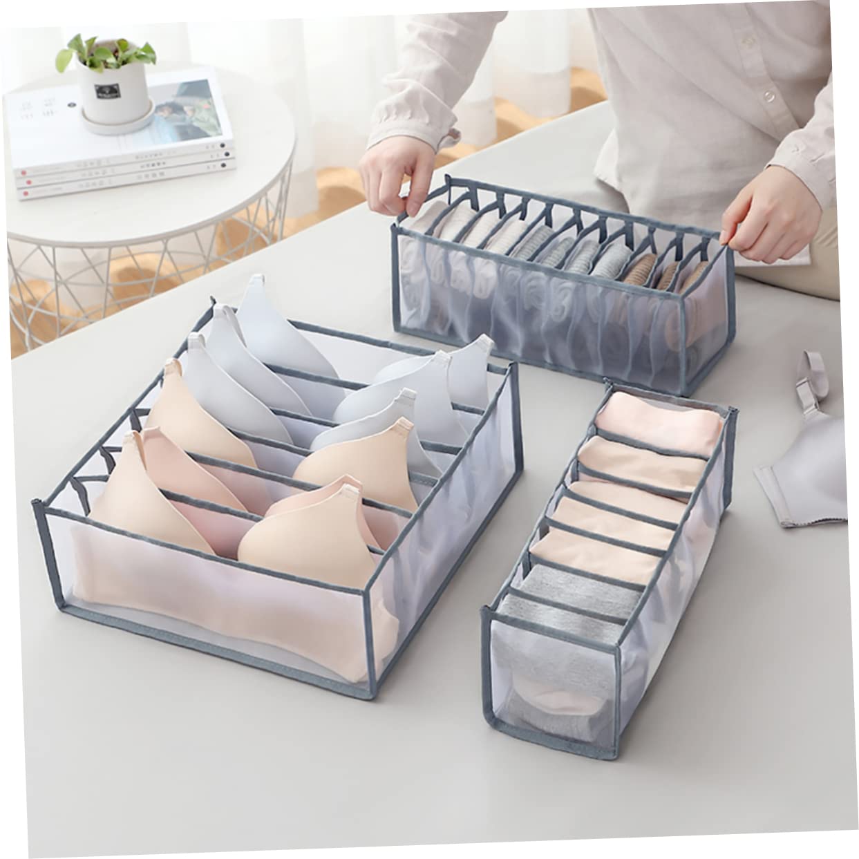 Levemolo 1Pc Multi Underwear Storage Box Washable Cloth Organizer for Socks and Accessories Space Saving Design Blue and Grey for Closet and Organization