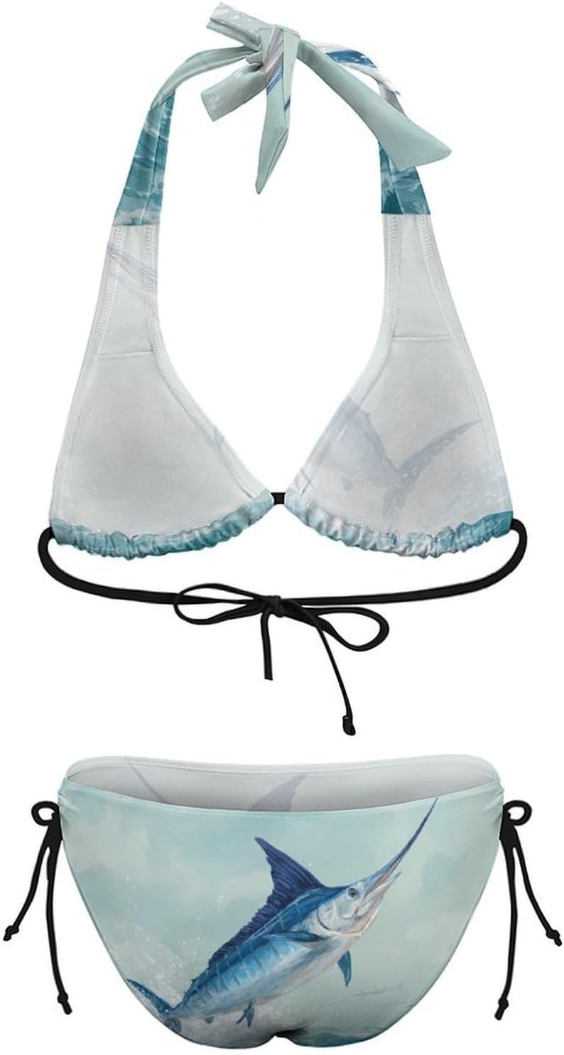 A Blue Marlin Fish Jumping Novelty Women's 2 Piece String Bikini Set Swimsuits Bathing Suit Swimwear