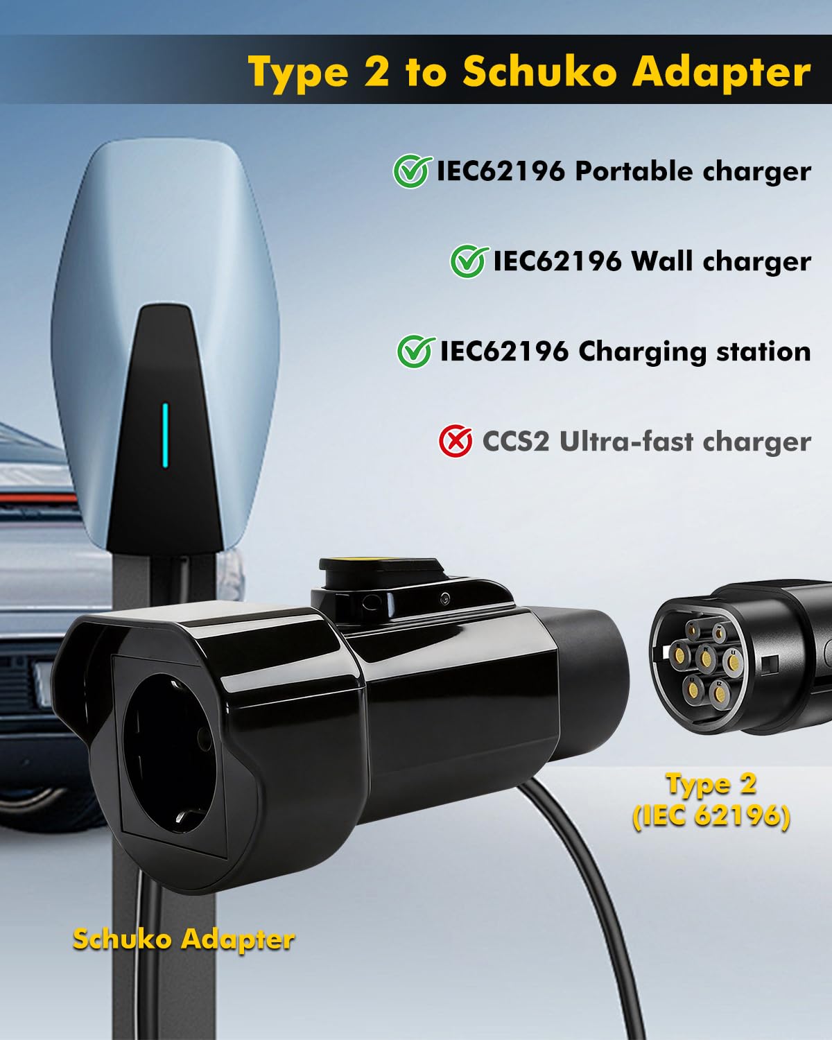 Erato Adattatore Tipo 2 a Schuko 220 V-250 V 16 A IEC-62196 Adattatore Stazione di Ricarica per Auto elettriche Scooter Elettrico Bicicletta Moto Bici elettrica, Non V2L, Nero
