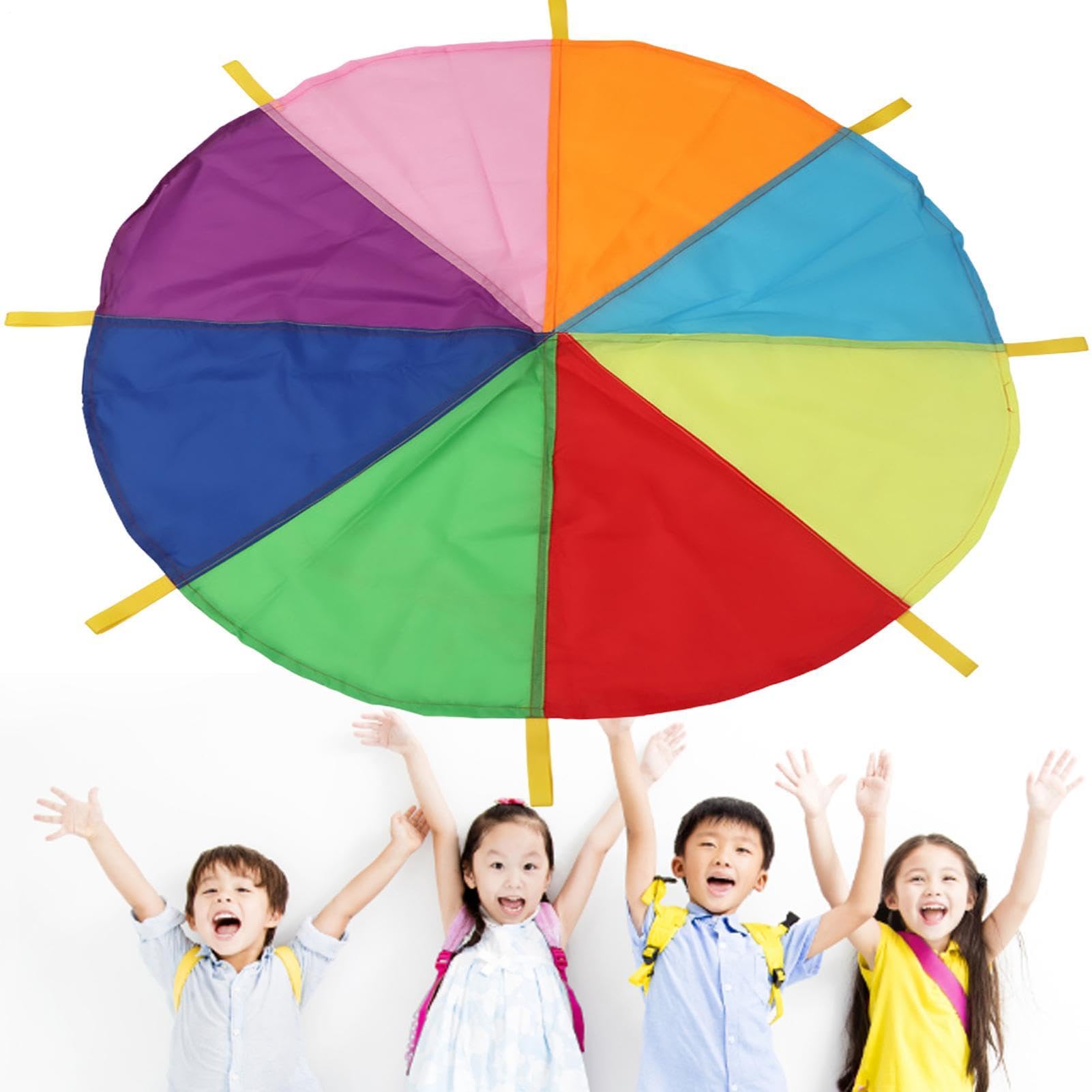 Paracadute Rainbow Gym - Paracadute all'aperto 5 m con manici sensoriali, giocattolo di attività di gruppo in nylon leggero, attrezzatura per esercizi, gioco di coordinamento della Po