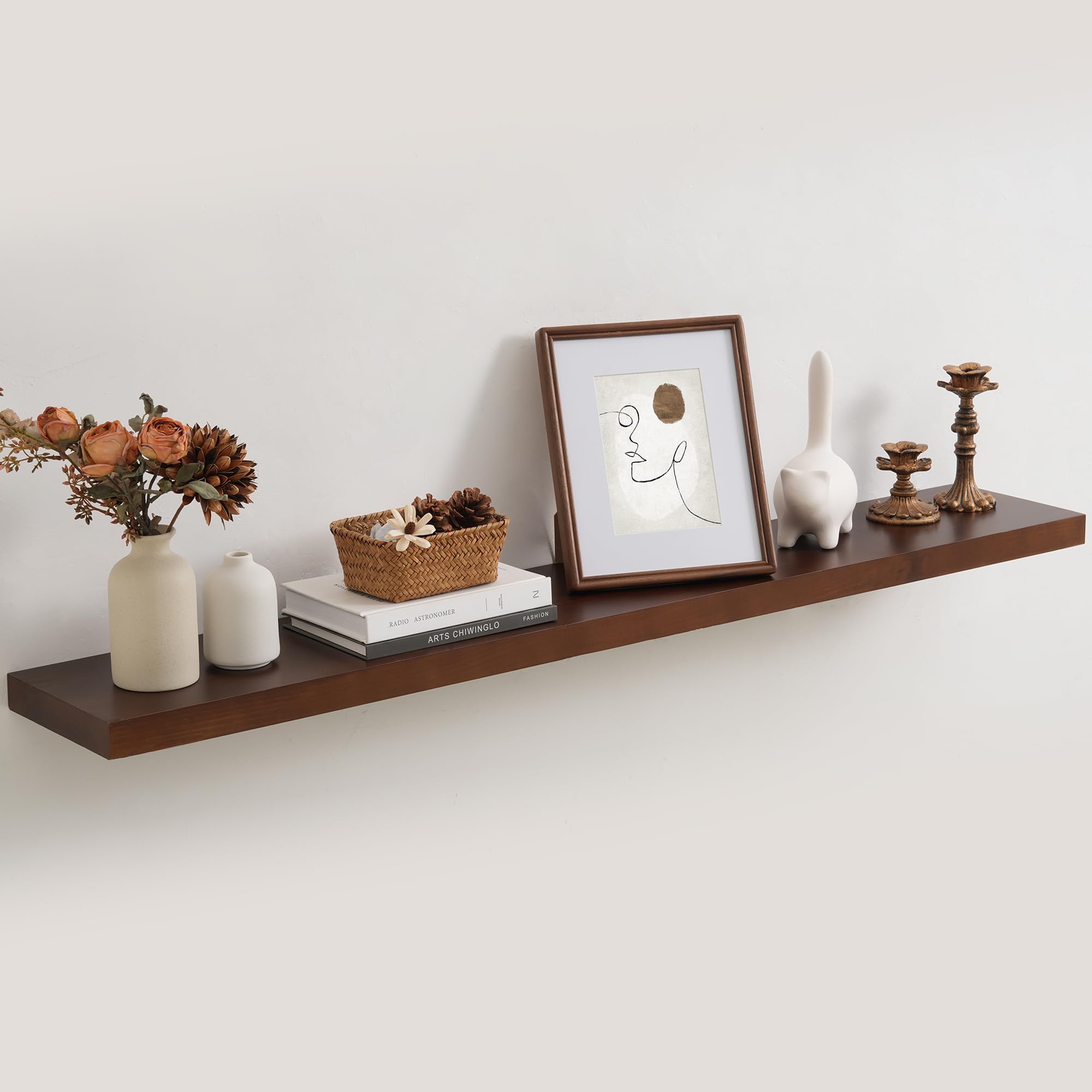 48 Inch Floating Shelf for Fireplace Mantel - 8 Inch Deep Rustic Solid Pine Wood Wall Shelf - Farmhouse Style Shelf with Heavy-Duty Metal Brackets -