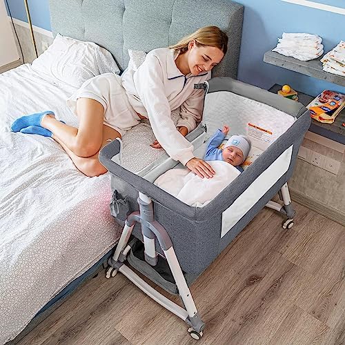BABY K Baby Bassinet Bedside Sleeper (Grey) - 3 in 1 Bedside Bassinet Crib Attach To Bed - Convertible Bassinet With Breathable Attached Mesh Side and Mattress - Baby Co Sleeper For Bedside for Infant