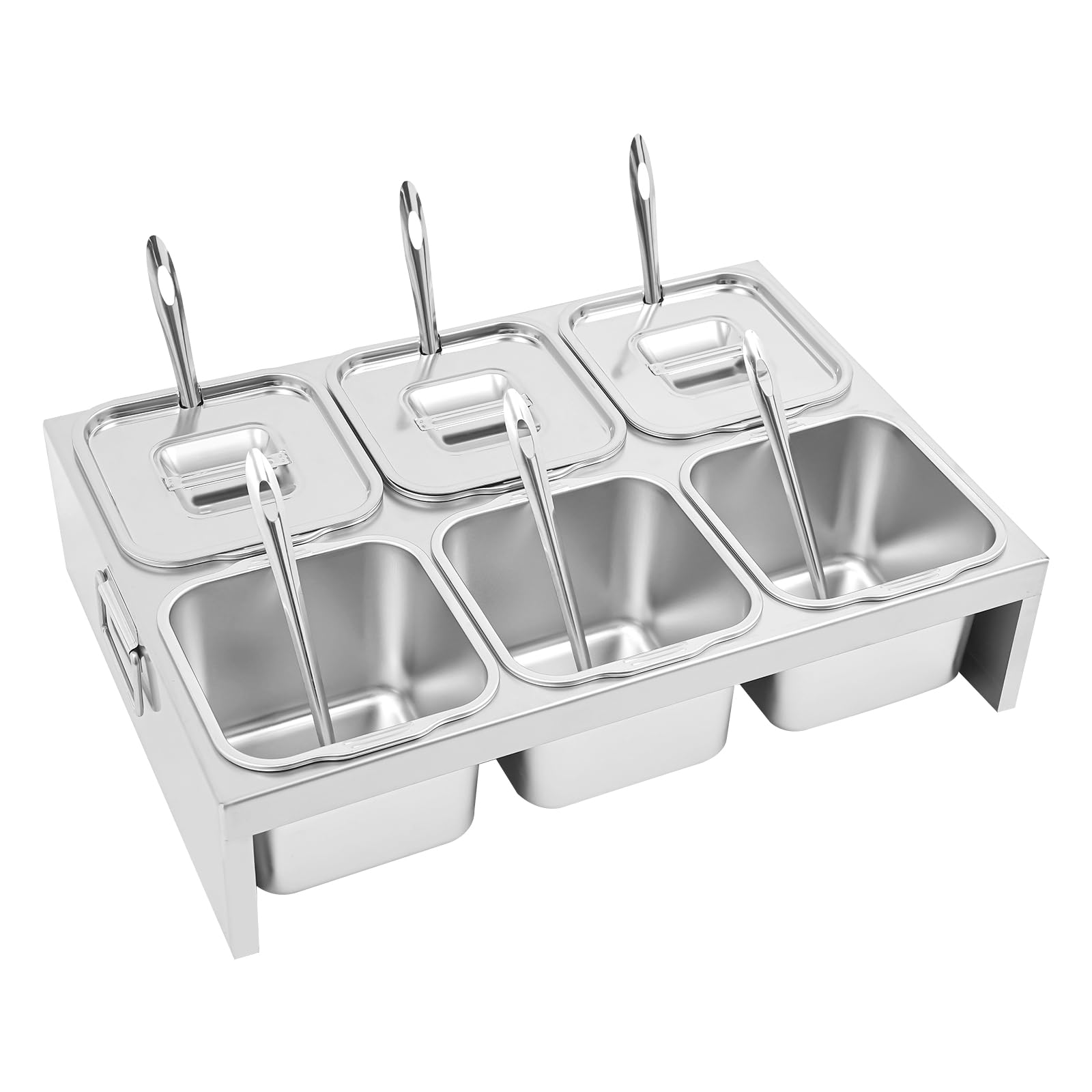 NEATOOM 6 Compartment Pizza Topping Station, 6 x 2.5 Quart Stainless Steel Condiment Containers with Lids & Spoons for Home, Pizza Parlors, Restaurants
