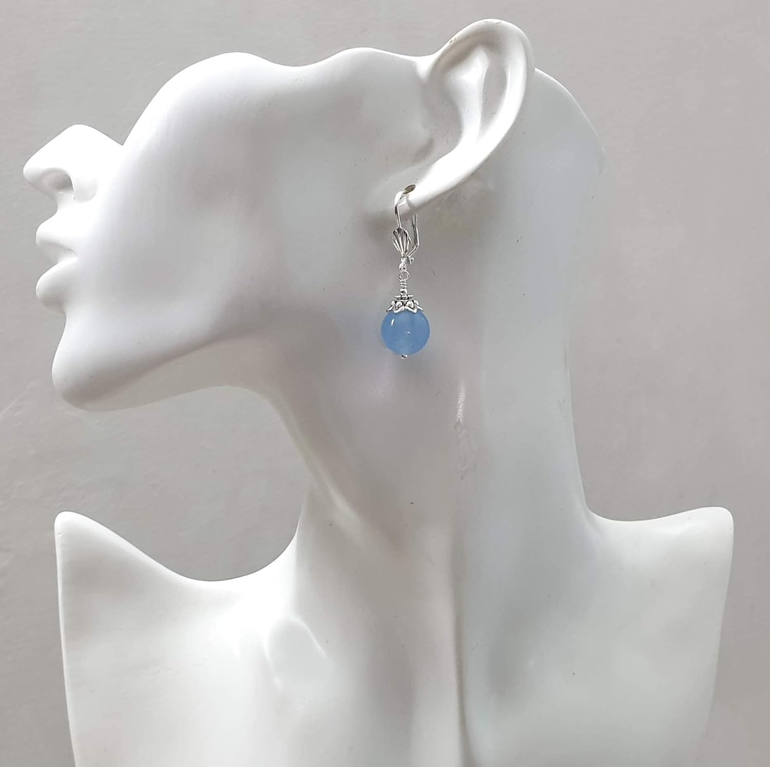 Blue Jade Earrings for Women Round Dangles Silver Plated Leverbacks Handmade Jewelry in Gift Box - Image 3