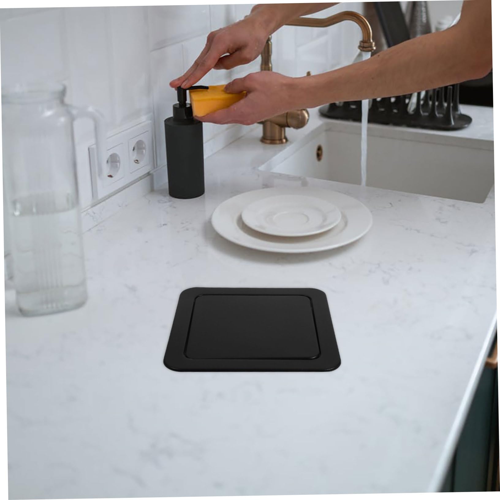 Tapa de Bote de Basura Empotrada Redonda de Acero Inoxidable Negro | Apertura Máxima de 22cm, Diseño Abatible Giratorio, Uso para Encimera y Espacios del Hogar