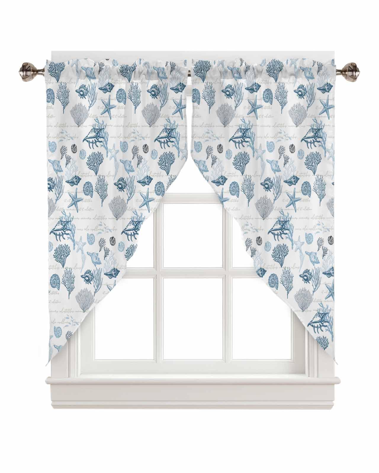 Blue Coastal Swag Valances for Windows, Summer Starfish Beach Kitchen Curtains 36 Inch Length 2 Panels Set, Ocean Coral Nautical Short Curtains for Small Windows Cafe Curtains 28"x36"