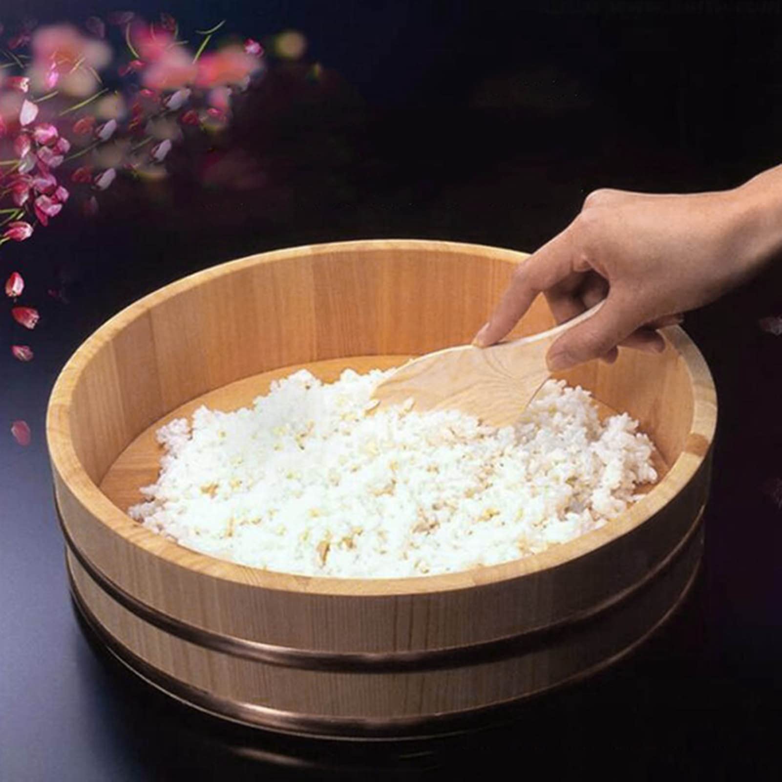 Drewniana wanna do mieszania ryżu Hangiri, japońska miska do sushi, sushi oke, z solidnymi miedzianymi taśmami do gotowania, 12 rozmiarów do wyboru, 36 cm