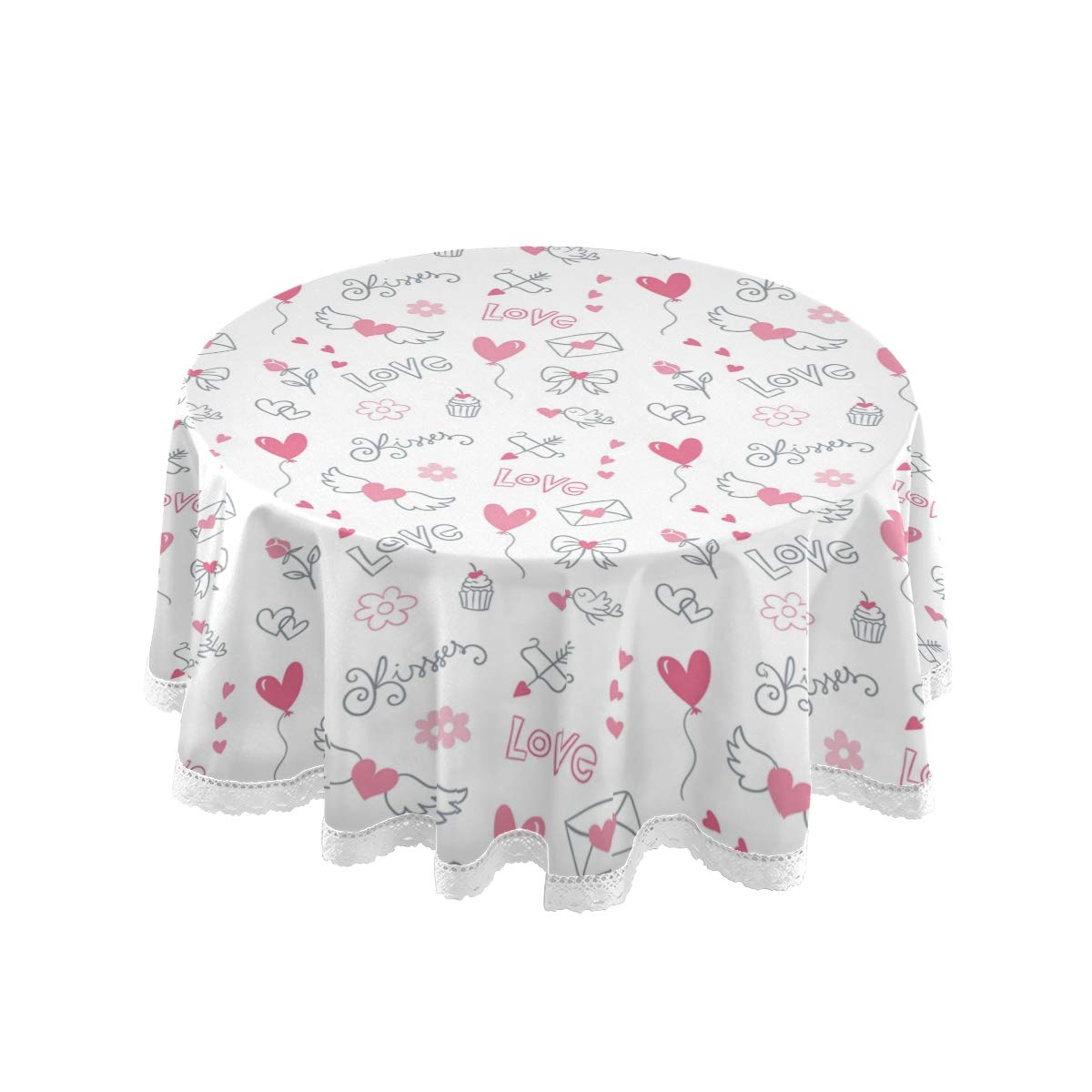 Nander Printing Tablecloth Round Table Cloth 1 Pcs Table Cover Polyester Home Kitchen Decoration 60inch (Heart Ballon Wings Valentine)