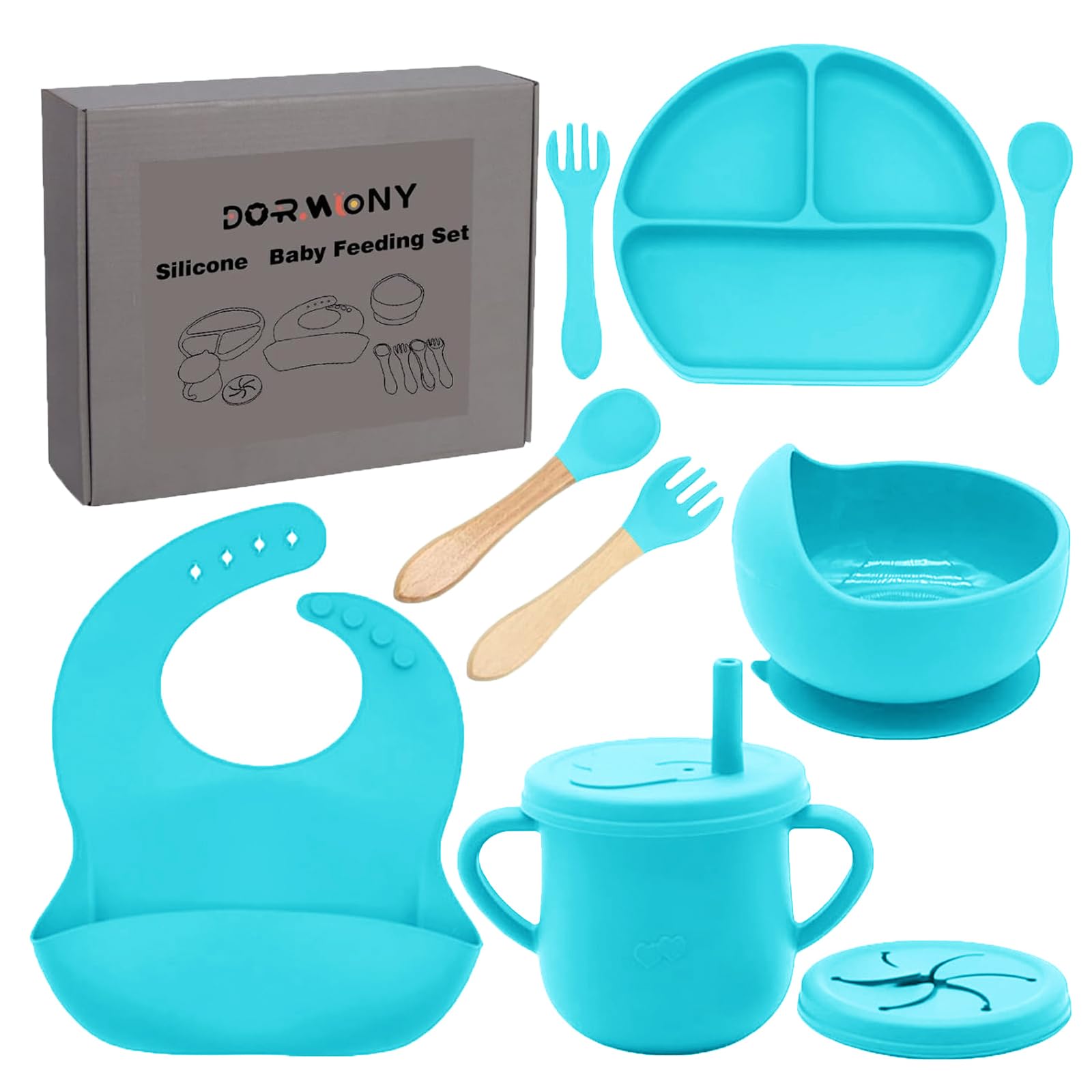 100% Silicone baby feeding set,BPA free Baby dishes set with Suction Bowl Divided Plate,Toddler Self Feeding Dish Set with Spoons Forks Sippy Cup And Bib, Baby Eating Utensils (Cyan Blue)