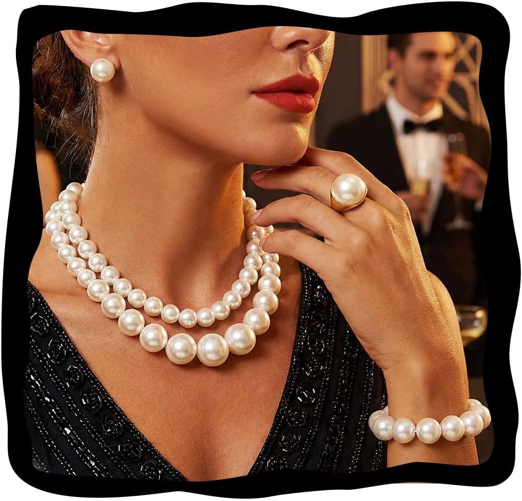 Aukmla Pearl Jewelry Set Gold Pearls Choker Necklaces and Earring Bracelet Ring Set Layered Wedding Costume Jewelry for Brides and Women
