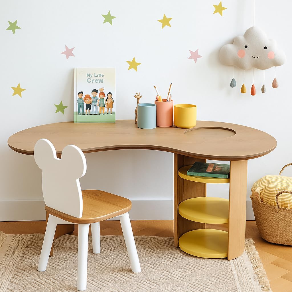 Kids Table with Storage, Kidney Desk, Half Moon Family Activity Table, Children Desk, Horseshoe Table for Bedroom, Kids Room & Play Area, Yellow