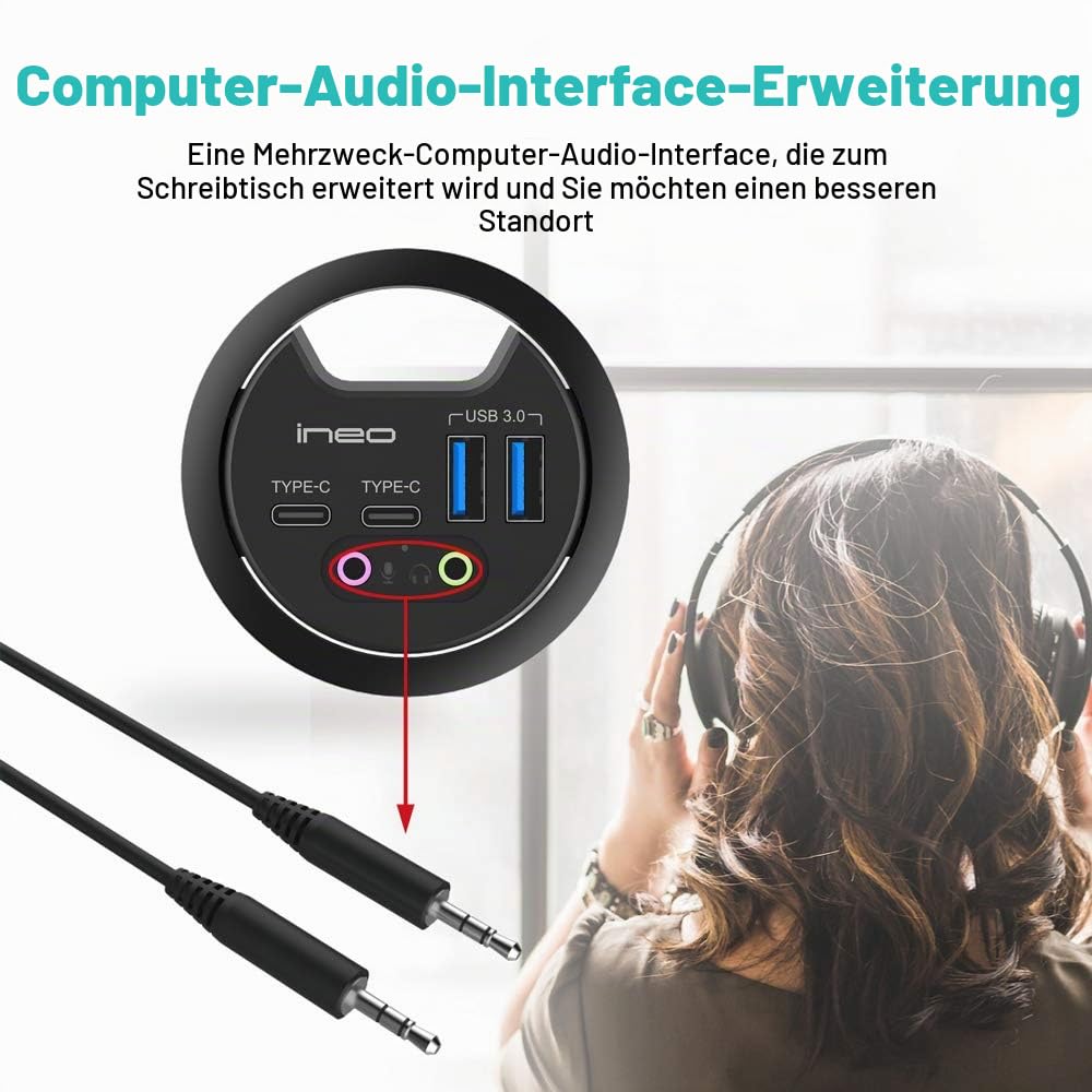 USB 3.0 HUB | ineo | 4 Ports | 2X USB-C | 2X USB-A | Audio I/O | Einbau in 60mm Schreibtischloch | Kabellänge 150cm | Staubschutzabdeckung | Einbauring 80mm | THC06VI