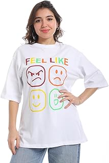 تي شيرت جرافيك كبير الحجم، مطبوع عليه عبارة "Feel Like Emoji"، ابيض، كم قصير-2606