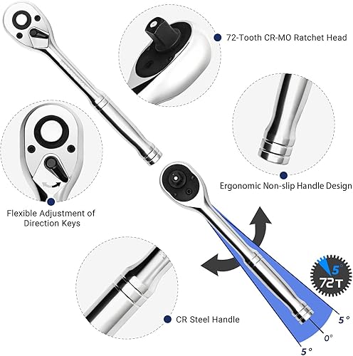 Vista 3 de Juego de llaves de trinquete largas, 1/4 pulgadas, 3/8 pulgadas, 1/2 pulgadas, trinquete de mango largo de 3 piezas, 72 dientes reversibles