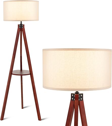 Tangkula Lámpara de madera de mediados de siglo con estantes de almacenamiento, lámpara de pie para sala de estar, oficina, pantalla de lino en base