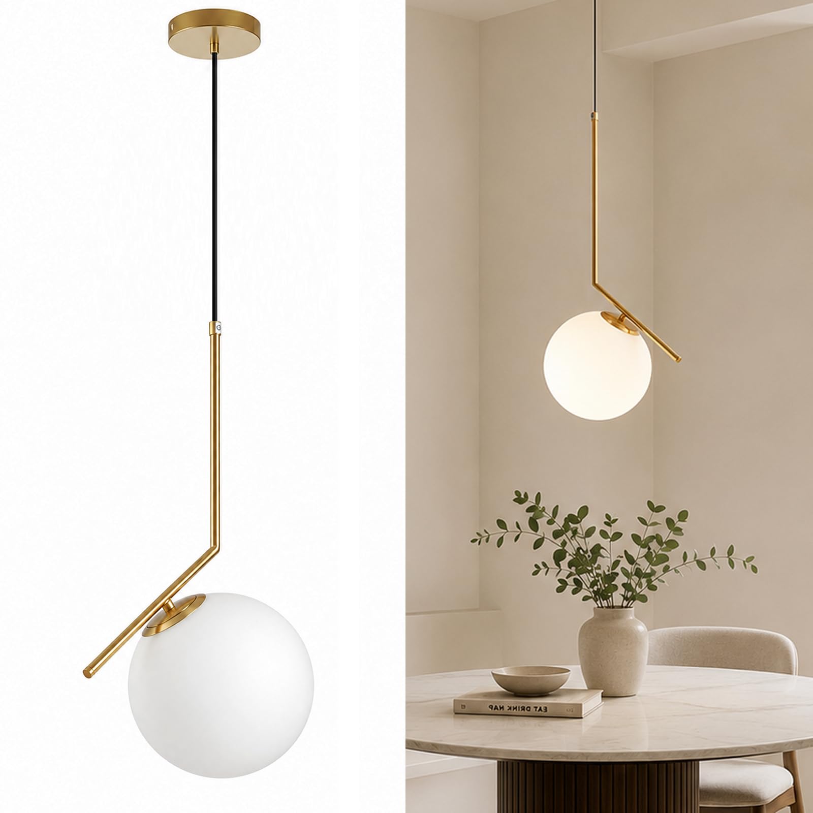Lampada a sospensione moderna a sfera in vetro bianco, lampada da soffitto in metallo ottone, Lampadario da cucina per soggiorno e sala da pranzo (1-luce)