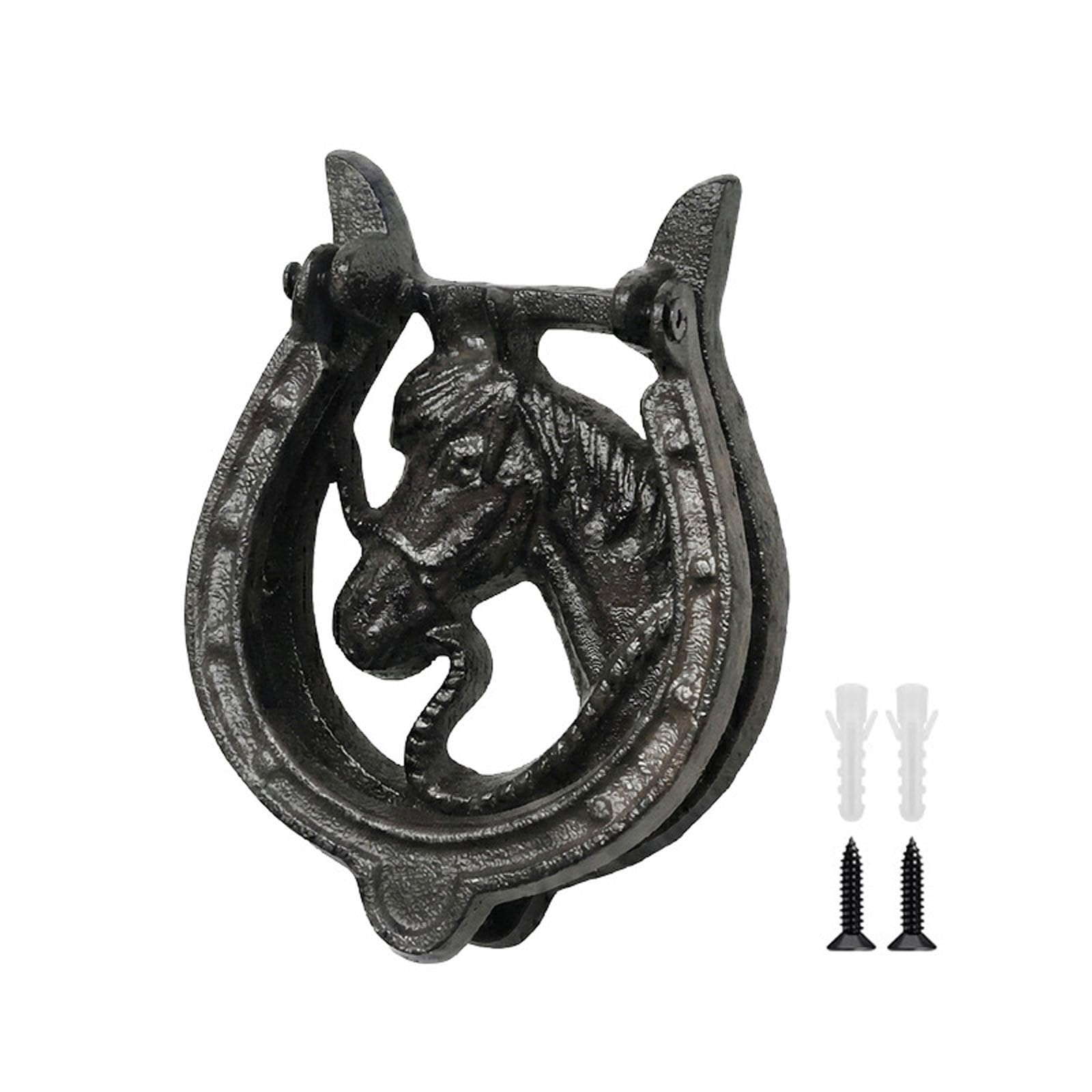 Aldaba de puerta resistente con cabeza de caballo negro y tornillos de montaje 7