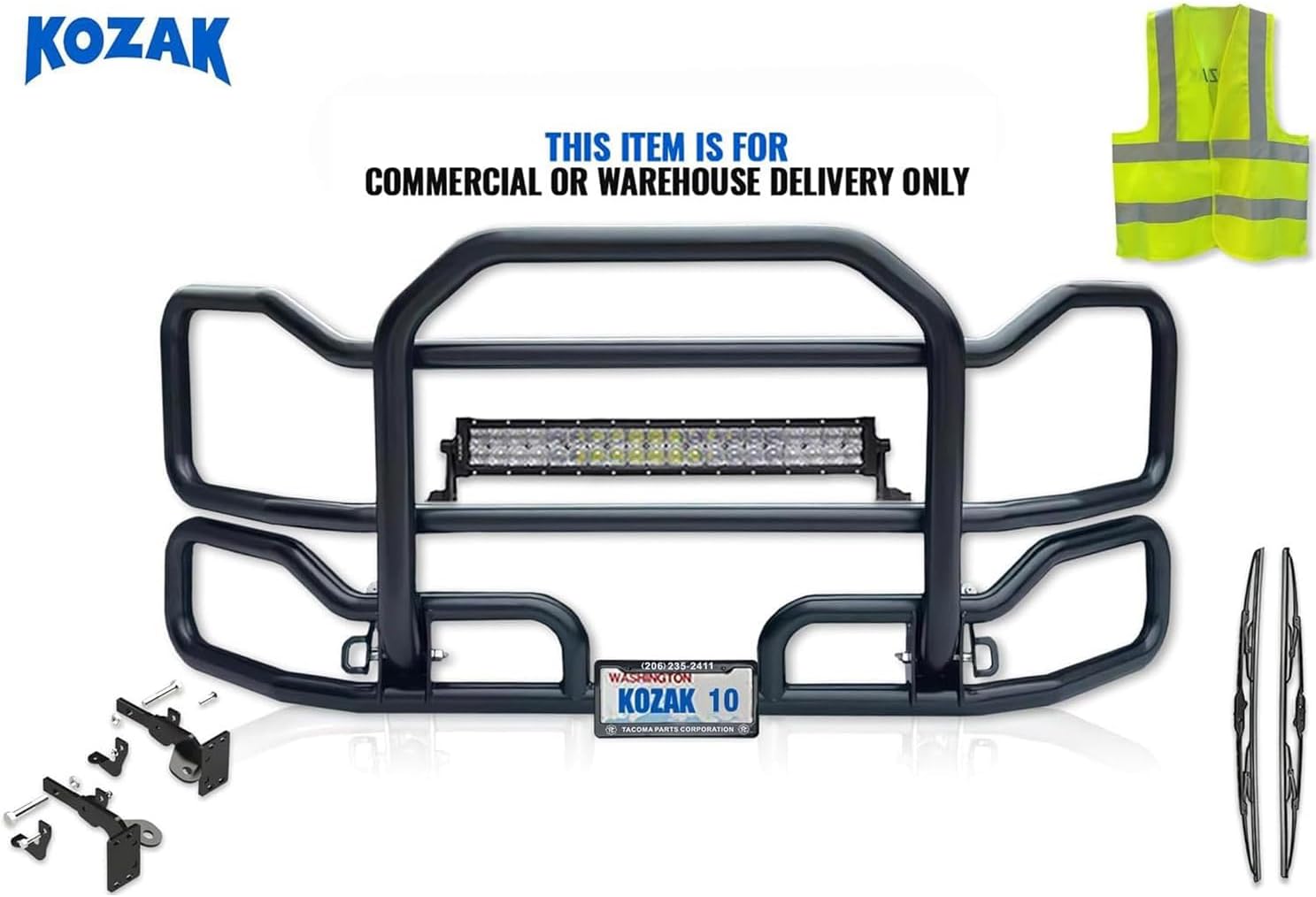 Black Front Grille Deer Moose Brush Bumper Guard Large Compatible with Peterbilt 384 PLUS 22" LED Light Bar, Bracket, Logo, Wipers, License Plate Holder & Frame, Reflective Vest