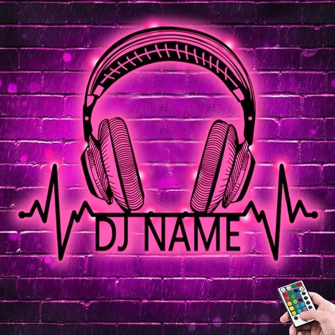 Customized Name DJ Player Metal Sign,Personalized Microphone and Headphones DJ Neon Sign Wall Art with LED Lights, Dj Name Lighted up Led Sign,DJ Music Room Studio Decor, Gift for DJ Music Lover