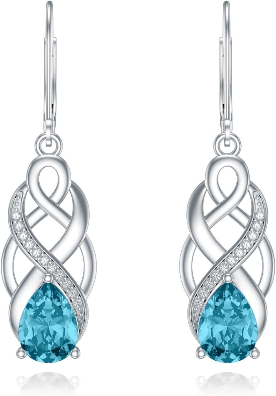 925 Sterling Silver Celtic Knot Good Luck Irish Dangle Drop Leverback Earrings with 12 Months Birthstone, Anniversary Jewelry Gifts for Women Her