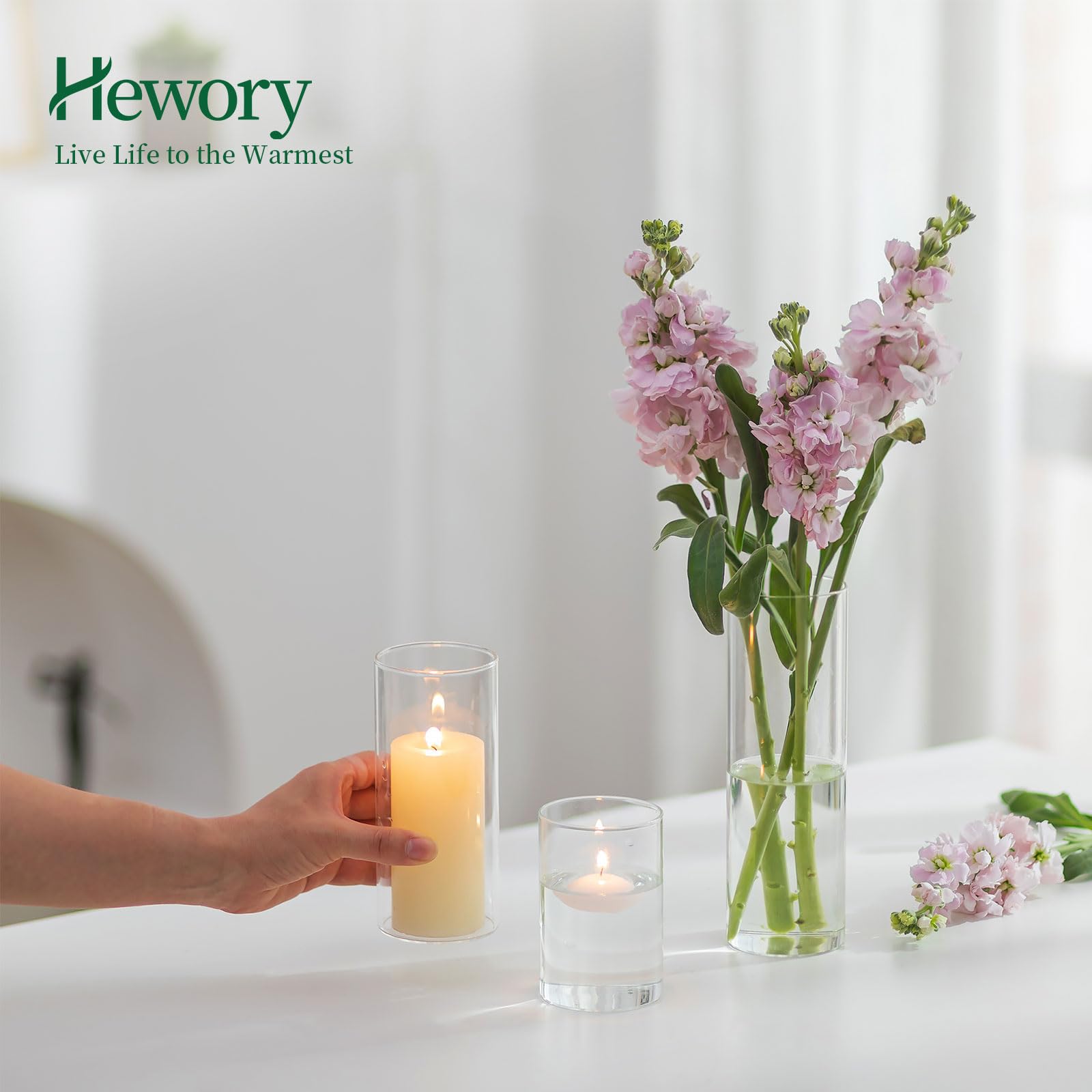 Hewory Glasvase Zylinder Vasen Set: 6er Vase Glas Kerzengläser Groß Glaszylinder für Kerzen - Zylindervasen Set Kerzenglas für Hochzeit Tischdeko Wohnzimmer Deko, Ø 6.5cm, 10/15/20cm
