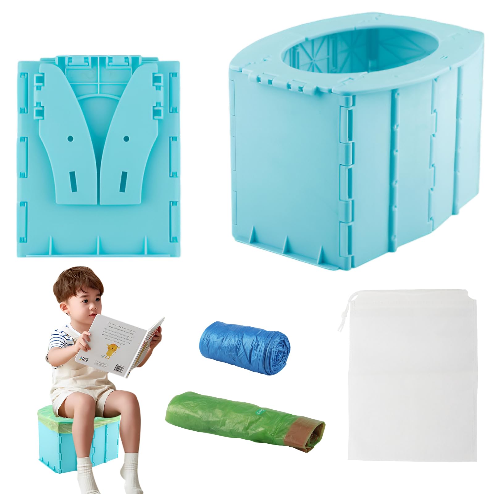 Vaskula Toilette Portable Pot Enfant avec Sac de Rangement et 35 Sacs Poubelle Toilette Pliable Voyage Apprentissage de la propreté pour Voiture Camping Intérieure et Extérieure（Bleu）