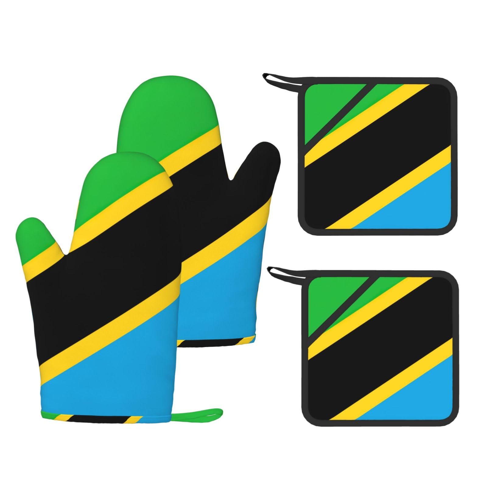 Tanzania Flag Printed Kitchen Oven Gloves and Potholder 4 Pcs, Non-Slip Heat Resistant Mitts for Baking Chef