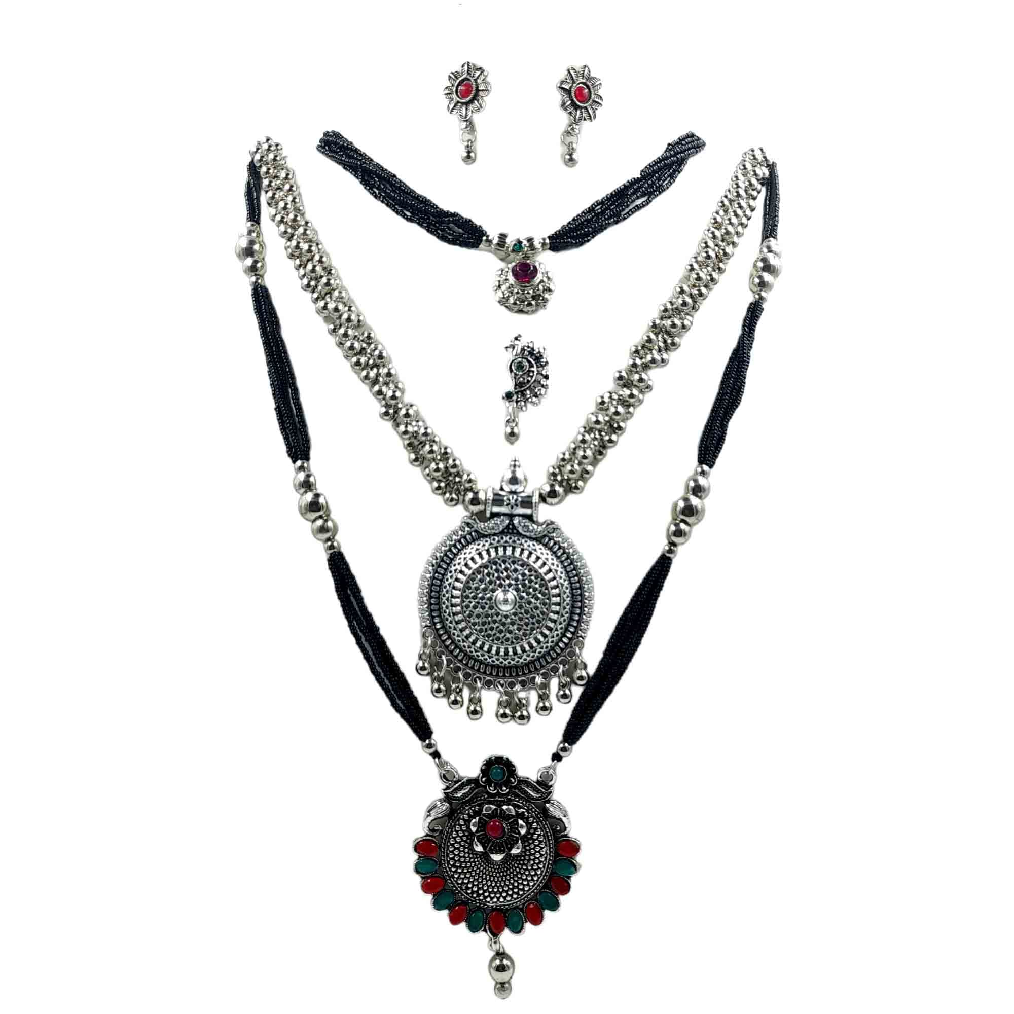 Swaroop Designer Oxidised Silver Long Mangalsutra Ghungru Jewellery Set Short Mangalsutra Nath Combo Jewellery Set for Women and Girl (B0BFB6X135) Amazon Price History, Amazon Price Tracker