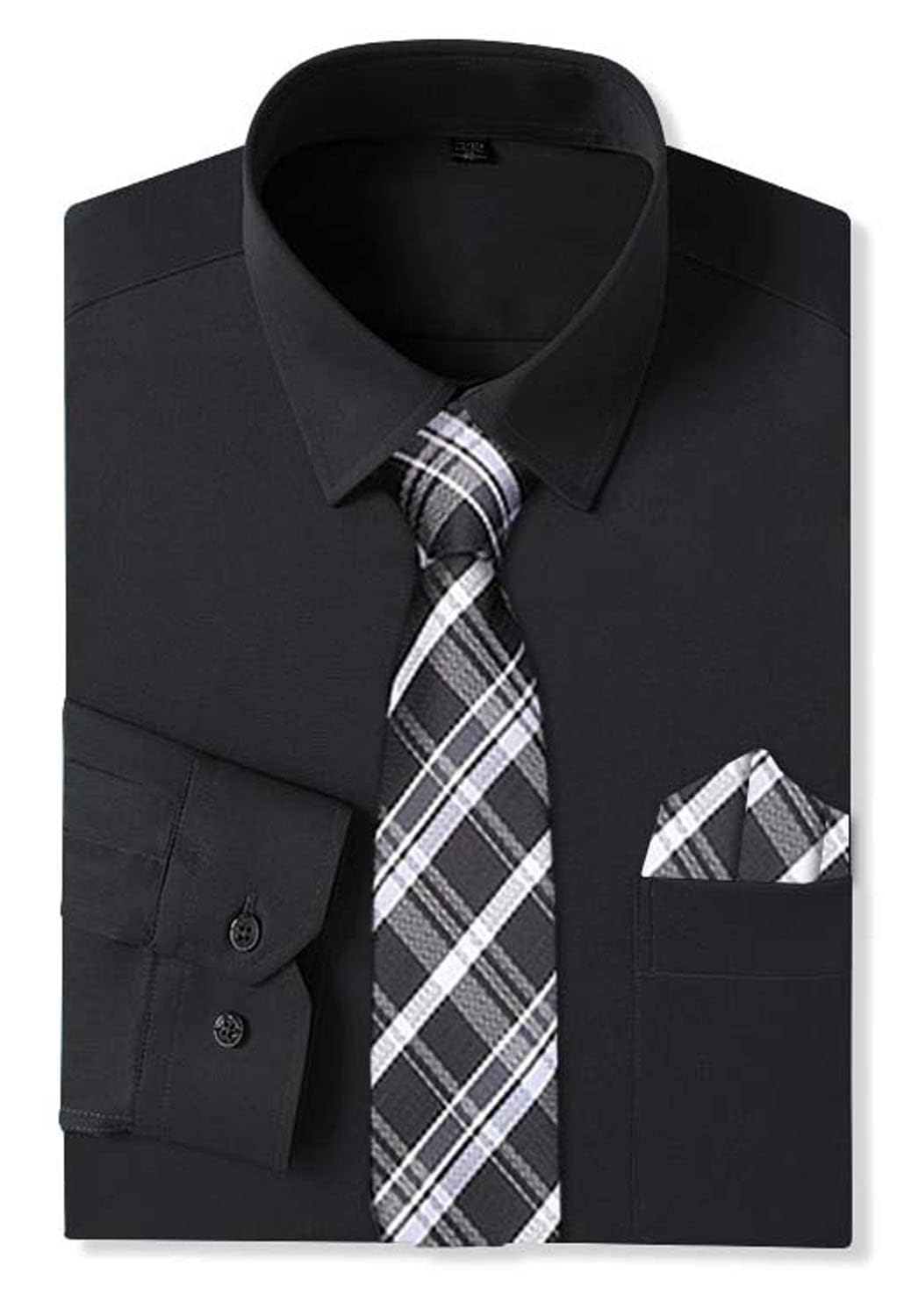 Cromoncent Camicia da uomo a maniche lunghe e cravatta con cravatta e fazzoletto abbinati, Set-nero-A, 3XL